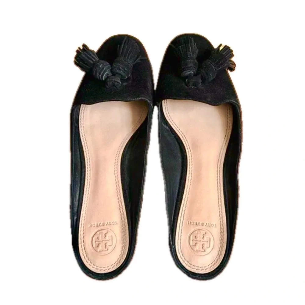 Tory Burch Salinas Tassel Mule Black Suede Slide Size 9